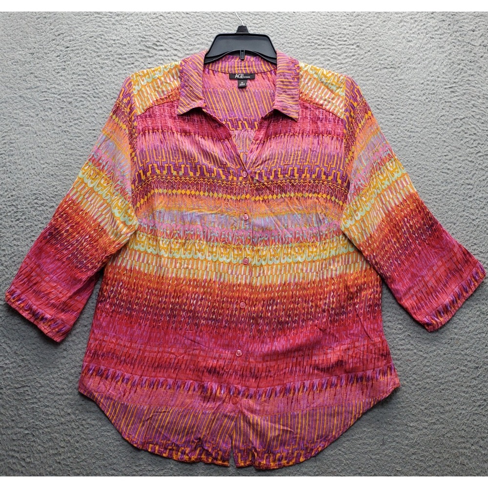 AGB‎ Shirt Top Women's 1X Multi Striped Classic Long Sleeve Collared Button Up